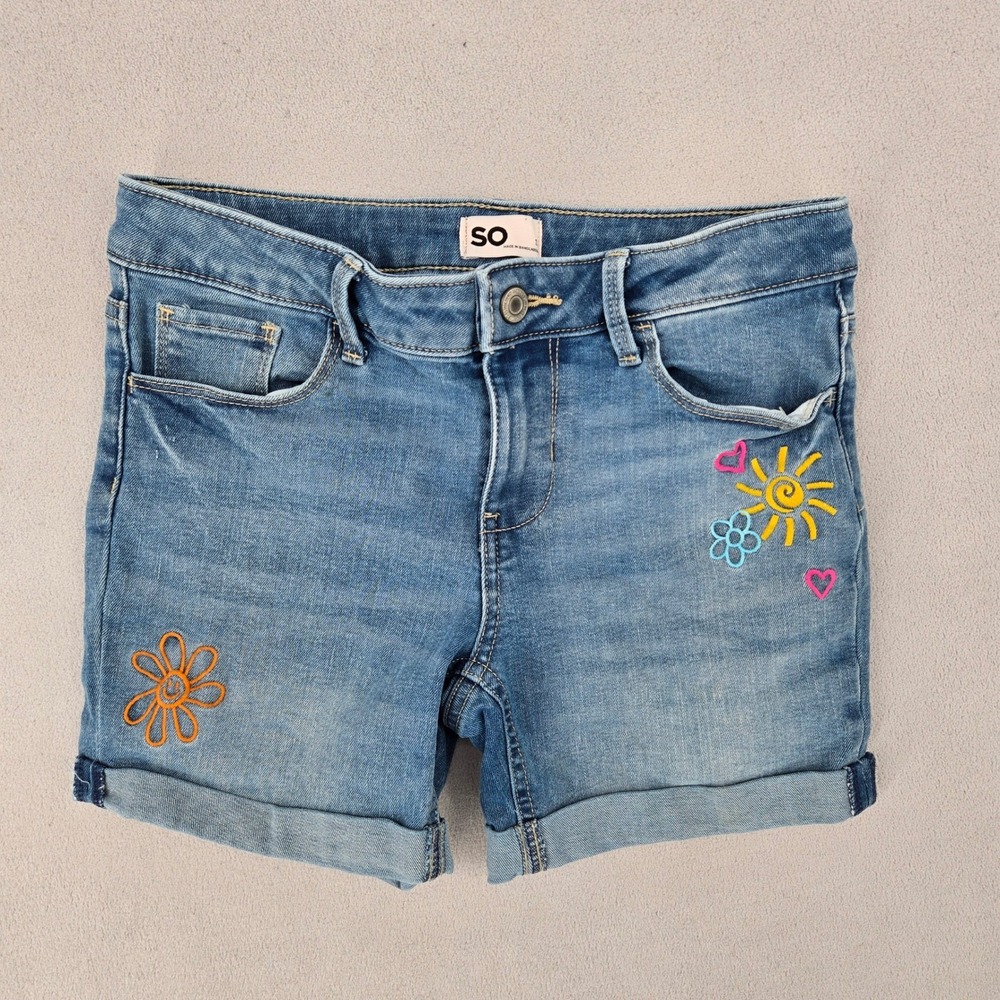 SO Kids 12 Denim Shorts Embroidered Sun Flower Heart Cuffed Medium Wash Boho